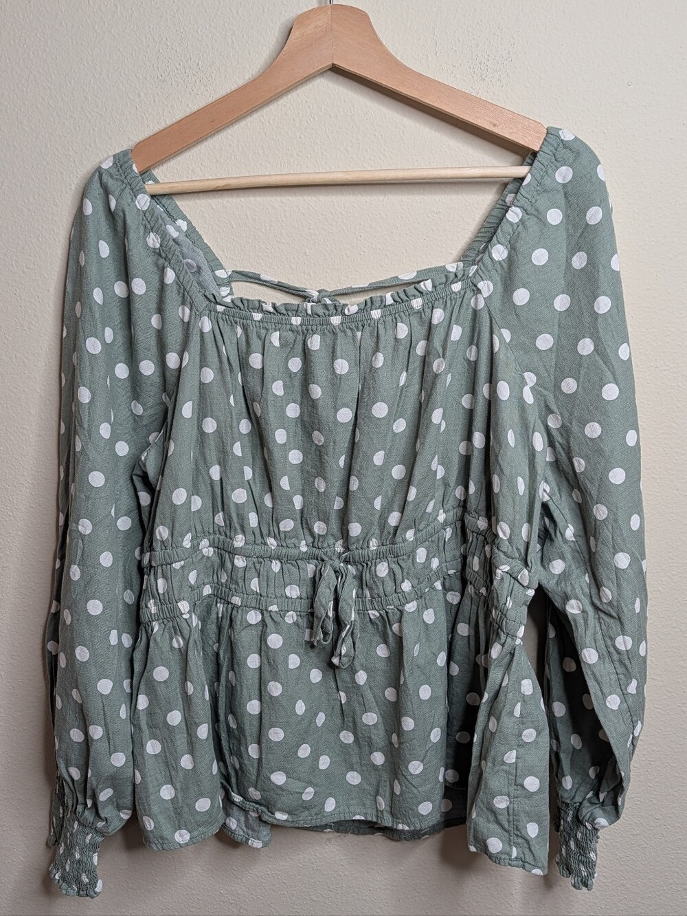 Ava & Viv Polka Dot Peasant Blouse Plus Size X Sage Green Cotton